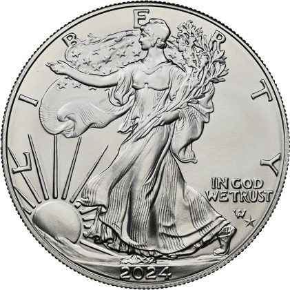 A 2024 United States Mint silver American Eagle with a special star privy mark located between IN GOD WE TRUST and Miss Liberty’s foo